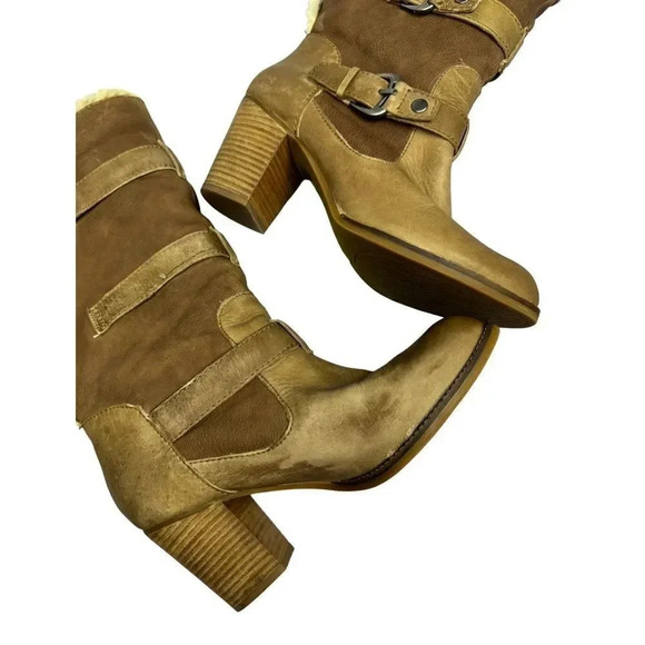 Giani Bini Knee Length Riding Boots 11M Tan Faux Fur Lining Buckle Heel Pull On - Picture 8 of 11